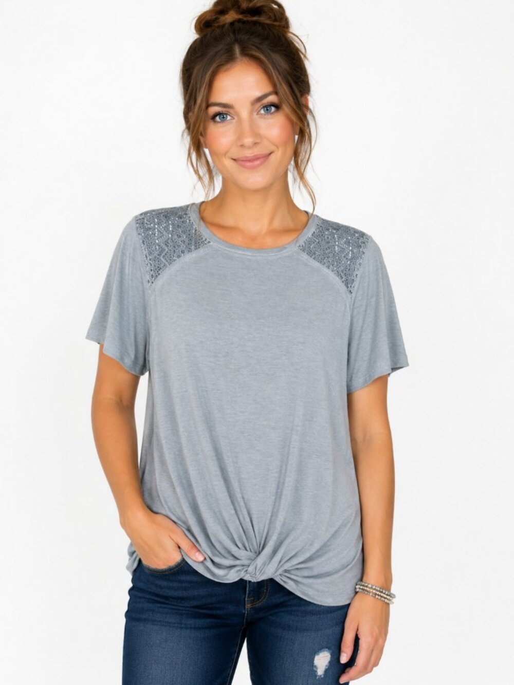 Rewind Women's Sage Green  Lace Shoulder Knot Front Top Size Medium